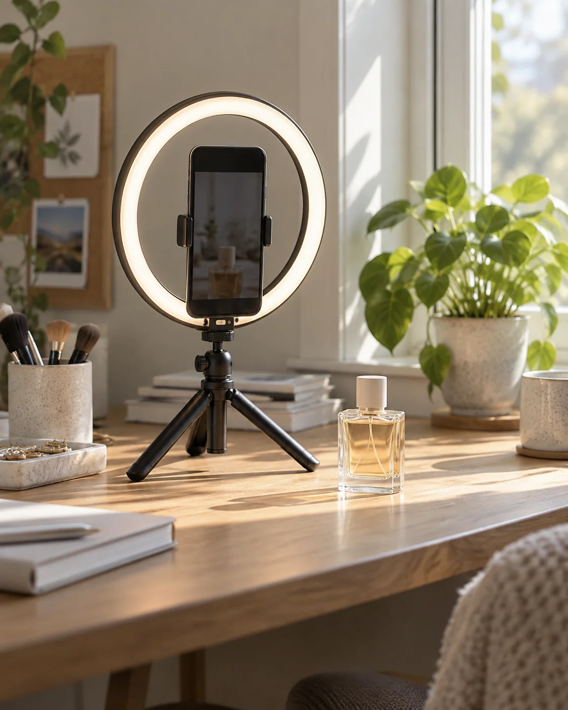 Téléphone installé dans une ring light près d’une fenêtre, avec un parfum prêt à être filmé.